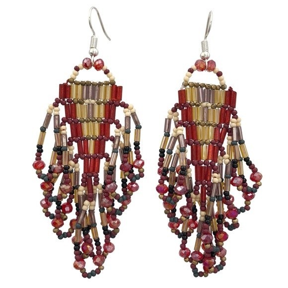 Red & Gold Bugle & Seed Bead Loop Tassel Handmade Statement Dangle Earrings - Picture 1 of 3